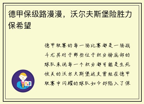 德甲保级路漫漫，沃尔夫斯堡险胜力保希望